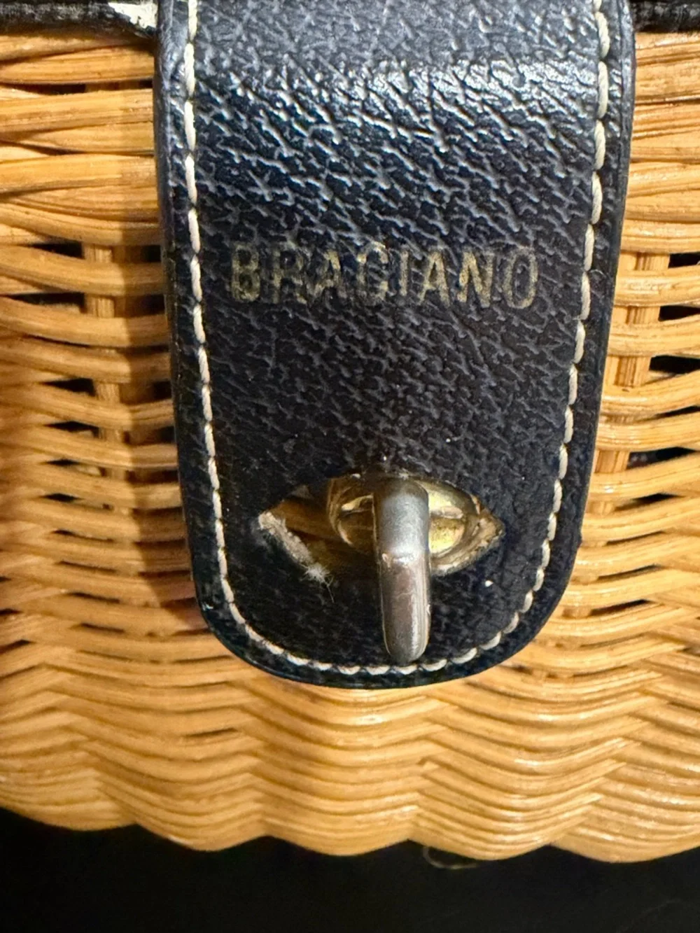 Braciano Black & Natural Wicker Top-Handle Tote leather trim